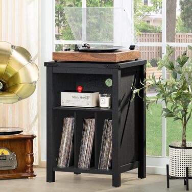 Підставка для програвача вінілу з місцем для платівок, чорна. Місце для 160 платівок. Дерев'яна підставка-шафа для програвача, полиця для вітальні, спальні, офісу