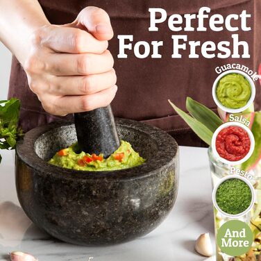 Набір ступки та пестика Priority Chef Heavy Duty Extra Large, 4 чашки, ручна робота з натурального граніту. Для приготування гуакамоле, сальси, песто та інших страв. Об'єм: 2 чашки, чорний колір.