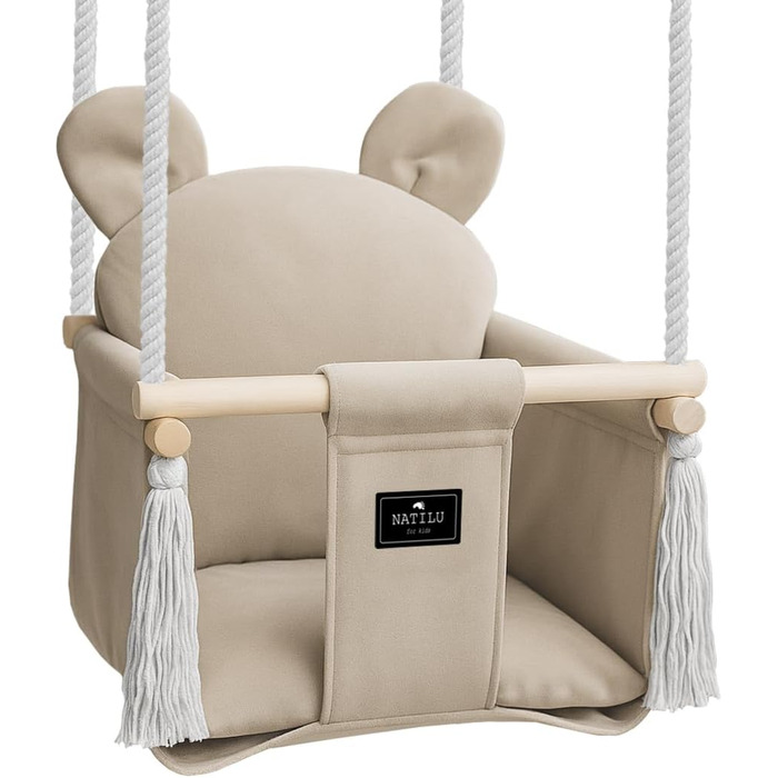 Дитяча гойдалка для дому та вулиці | Bär Light Beige Velvet | Гойдалка для малюків | Дерев'яна гойдалка для дітей | Гойдалка для дверного отвору