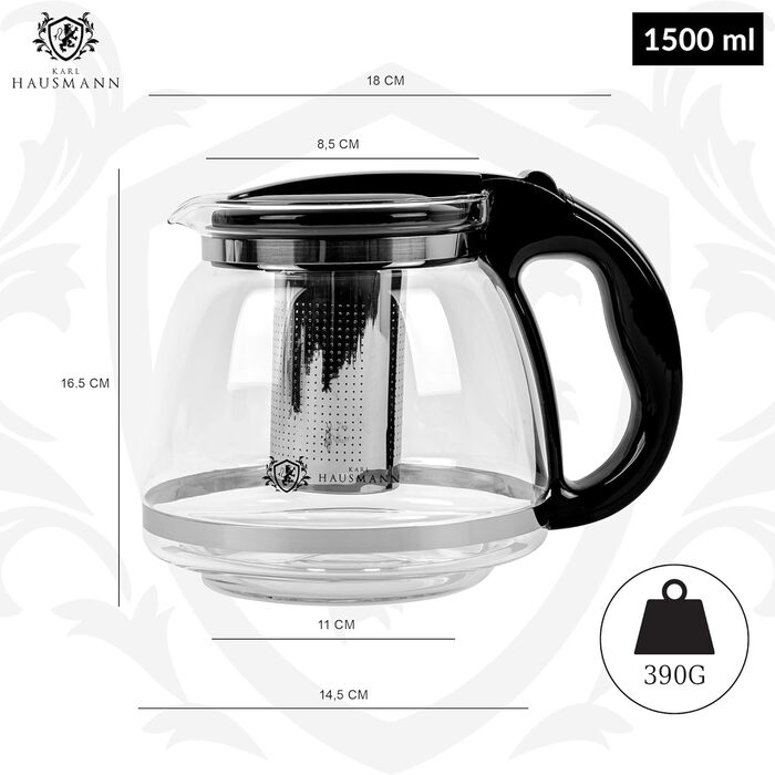 Чайник зі скла Karl Hausmann з ситечком - 2л - Скляний чайник для чаю - Чайник з ситом - Чайник зі скла, ідеальний для поціновувачів чаю - Стильний дизайн, скляний чайник (1.5л)