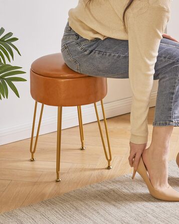 Пуф-табуретка з велюру круглої форми, золоті ніжки, для макіяжу та відпочинку, L/G-30P (з ящиком для зберігання, світло-коричневий)