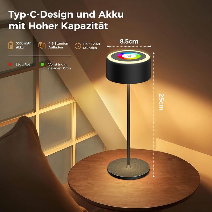Бездротова LED-лампа TYEE з регулюванням яскравості, акумуляторна, 3000-6000K+RGB, USB-C, водонепроникна IP54, для дому та вулиці, алюміній, чорна