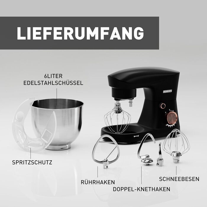 Кухонна машина Heinrichs 1500W з місткою чашею 6L з нержавіючої сталі, 10 швидкостей, набір насадок (міксер, гак для тіста, вінчик)