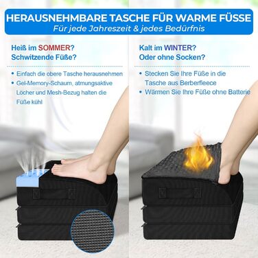 Підставка для ніг під стіл KingPavonini з гелевою піною пам'яті, 3 положення, зігріваюча сумка для ніг, підтримка спини, стегон та ніг, ергономічна підставка для офісного та геймінгового крісла (Чорний)