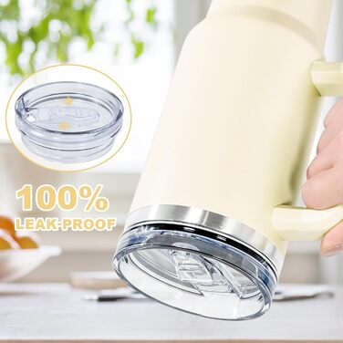 Термокружка FECBK з трубочкою та ручкою, 1.2л, нержавіюча сталь, вакуумна ізоляція, 12 год гаряче / 34 год холодне, Gepard (Бежевий)