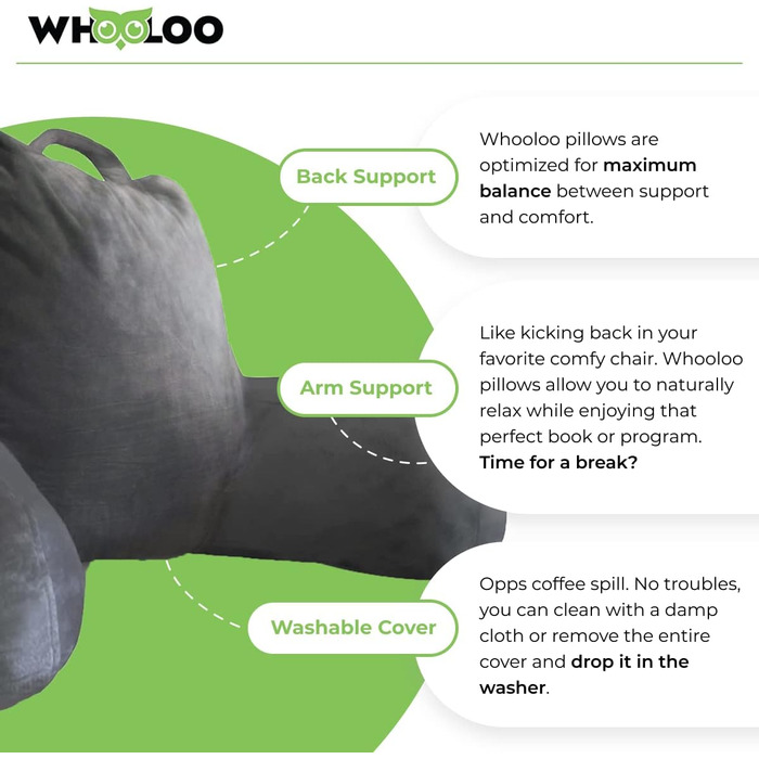 WhooLoo Лежанка для читання, спинка для підтримки, великий кут нахилу для дорослих, для перегляду телевізора, з м'якою оббивкою, проти печії, відпочинку, хропіння, 100% Memory Foam знімний чохол