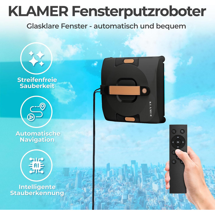 Робот-прибиральник вікон KLAMER 3500 Pa – автоматичний мийник вікон з резервуаром для води 100 мл, функція вологого прибирання, розпізнавання країв, тиха робота 60 дБ, захист від падіння та інтелектуальне планування маршруту (Чорний)