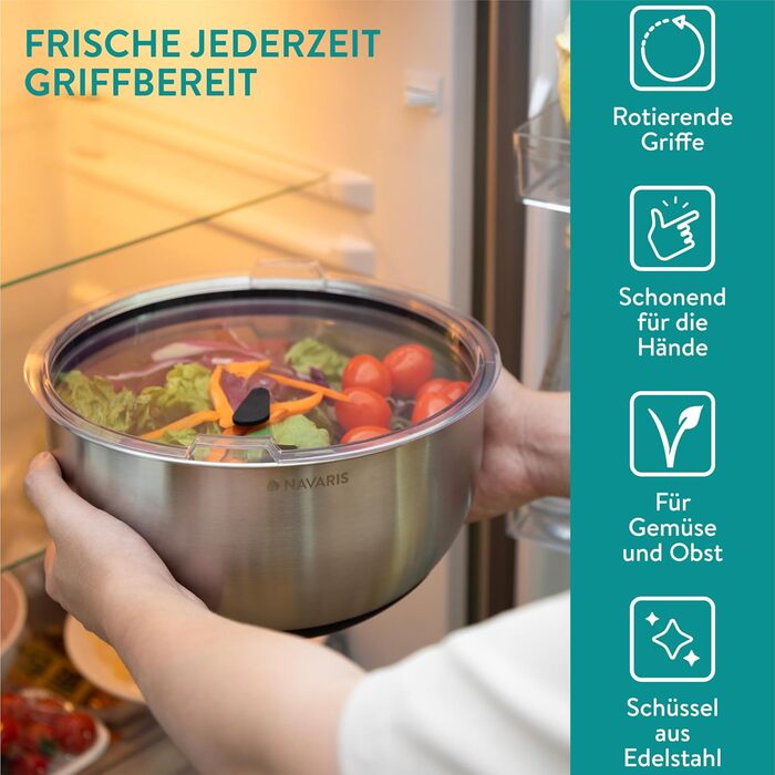 Навіс салатниця з нержавіючої сталі Navaris з кришкою та друшляком - для сушіння салату