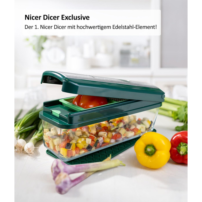 Набір для нарізки овочів Genius Nicer Dicer Exclusive 15 елементів, набір для нарізки кубиками + набір для нарізки помідорів, 4 насадки + груба тертка та шинковка, контейнер 2500 мл, зелений