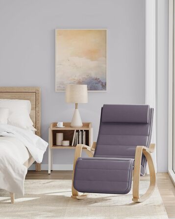 Крісло-гойдалка SONGMICS з підлокітниками з натурального дерева, регульована підставка для ніг, до 150 кг, для спальні/вітальні, темно-натуральний колір (сірий + натуральний, бавовна/поліестер)