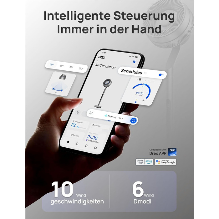 Вентилятор Dreo з інтелектуальним керуванням, 101.6-111.8 см, регульована висота, тихий DC вентилятор для спальні, 120°+85° осциляція, 30.5 м³/хв, срібний