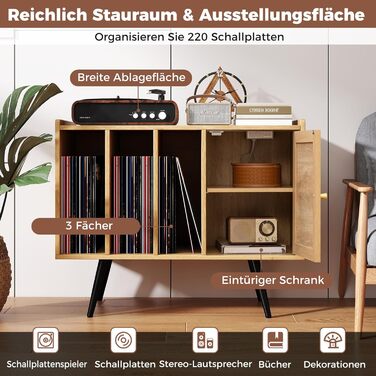 COSTWAY Стійка для програвача з зарядкою, стіл для зберігання вінілових платівок, меблева шафа з ротангу та дерева, підставка для 220 платівок, 80 x 40 x 65 см (натуральний колір)