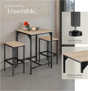 Набір барних меблів tectake® (стіл + 2 стільці) Industrial Style, світле дерево (Eiche Sonoma)