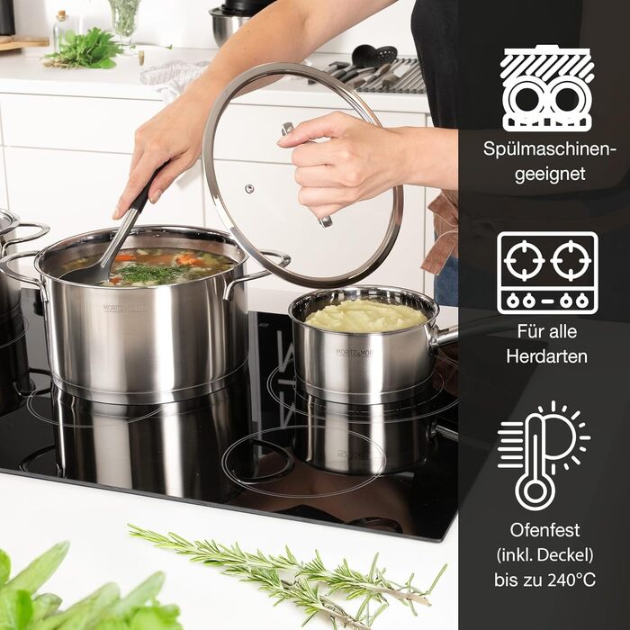 Набір каструль Moritz & Moritz 5 шт. з 4 скляними кришками - каструлі з нержавіючої сталі для індукції та всіх типів плит - стильний набір каструль з кришками та ручками - підходить для миття в посудомийній машині та випікання в духовці