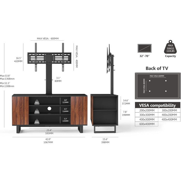 Тумба під телевізор FITUEYES з кронштейном, дерев'яна, на 32-70 дюймів, регульована по висоті, поворотна, до 40 кг, VESA 600x400
