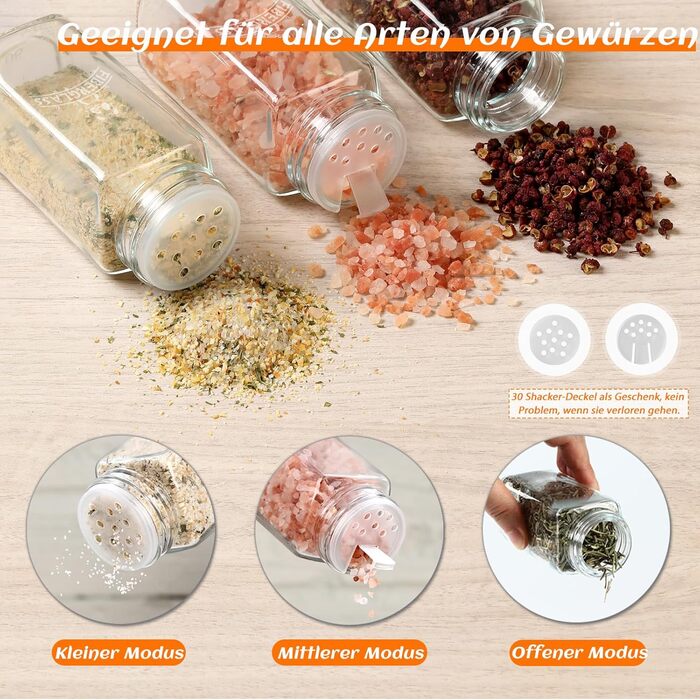 Набір скляних банок для спецій з дерев'яними кришками з акації, 24 шт по 120 мл