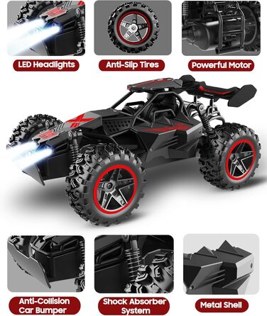 RC Автомобіль на радіокеруванні 2.4GHz, Monstertruck 15+ км/год зі світлодіодами, іграшка для хлопчиків, чорно-червоний (сірий/зелений)