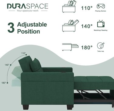 DURASPACE крісло-ліжко 3-в-1 99 см, розкладне, з USB, кишенею та підсклянником, для малих кімнат, зелений