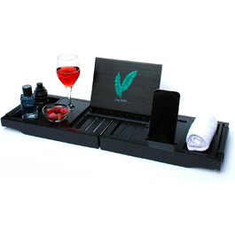 Підставка для ванни Lagune Premium з бамбука (чорна) з шкіряними ручками, для свічок, келихів, книг, планшетів, iPad та телефонів