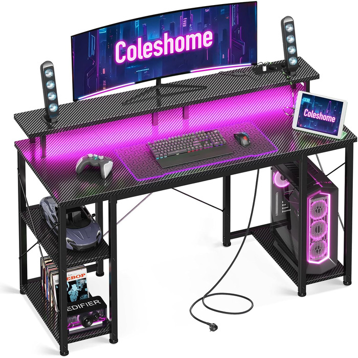 Ігровий стіл Coleshome з LED-підсвічуванням, 120x50 см, з USB та розетками, з підставкою для монітора та місцем для зберігання
