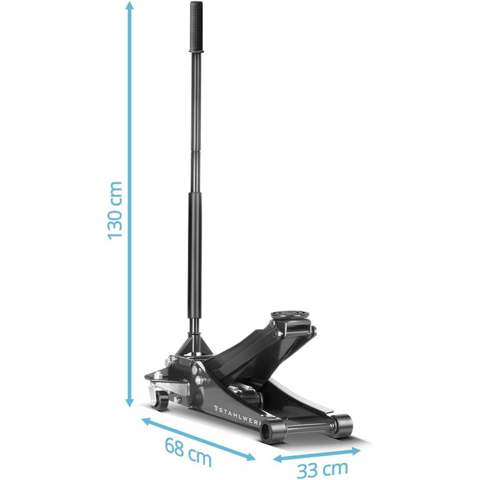Гідравлічний домкрат Stahlwerk 3т низькопрофільний (73-500 мм) з гумованими колесами, подвійним поршнем, чорний