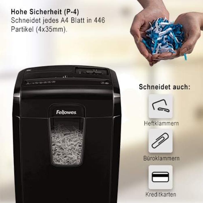 Fellowes Шредер для документів P4, чорний – Cross Cut, 15 л, знищення кредитних карт та скріпок