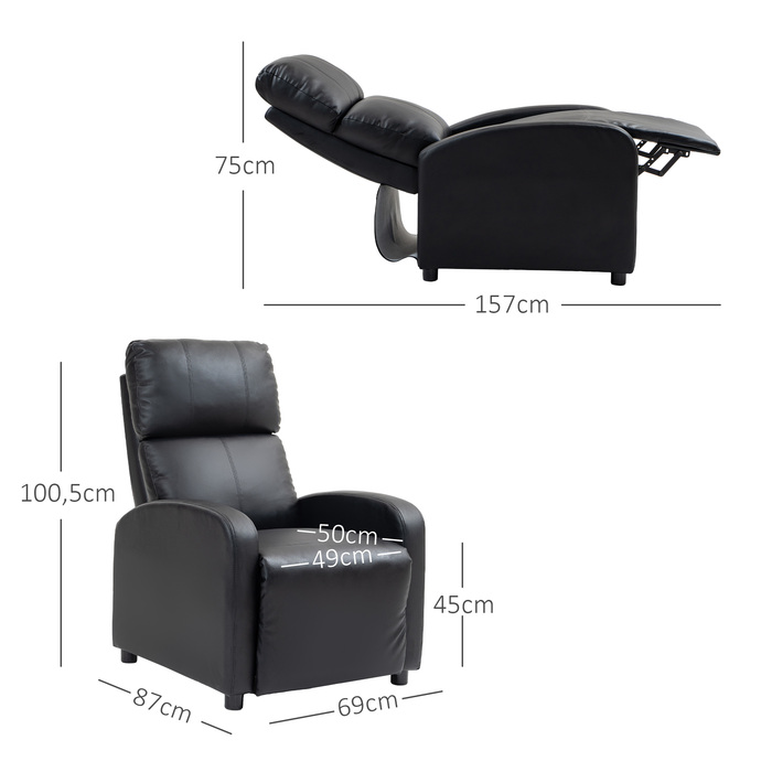 Крісло під телевізор HOMCOM Recliner з функцією відкидання, імітація шкіри чорного кольору, зручне крісло для вітальні та відпочинку