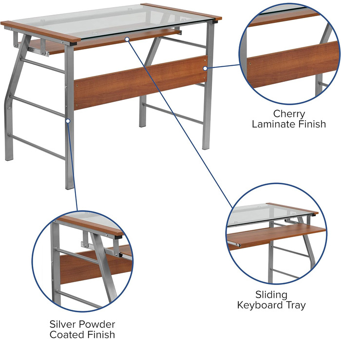 Комп'ютерний стіл Flash Furniture Комп'ютерний скляний стіл з висувним підносом для клавіатури та поперечною рамою Робочий стіл з виглядом вишневого дерева (Cherry)