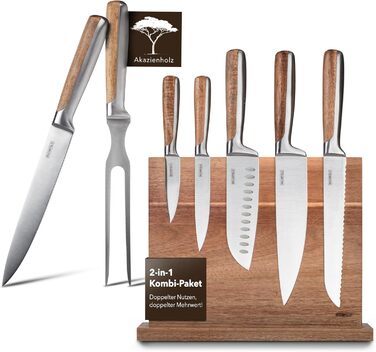 Набір ножів у блоці (6 шт) Premium - професійний кухонний набір з магнітного блоку з акації (срібний, нержавіюча сталь, з трапером)