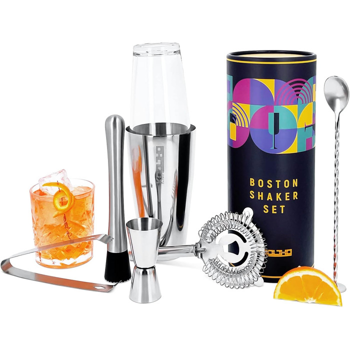 Набір шейкер для коктейлів Boston Shaker Set: скло, нержавіюча сталь, професійний барменський набір з ситечком Hawthorne