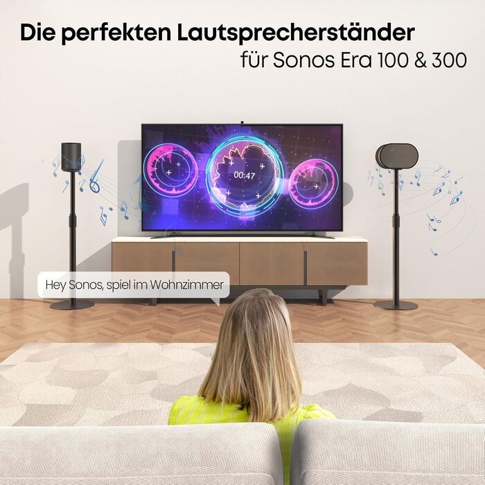 Підставка для колонок Sonos Era 100 та 300, регульована висота (68,2-106,8 см), з інтегрованим кабельним менеджментом, стабільна металева конструкція (5 кг вантажопідйомність), 1 пара (2 шт), чорний