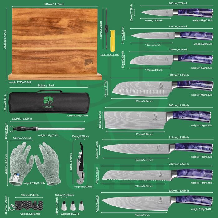 Японський набір ножів Fullhi 15 предметів з магнітним підставкою, леза з японської сталі, ергономічні ручки з фіолетового харчу, для професійної та домашньої кухні