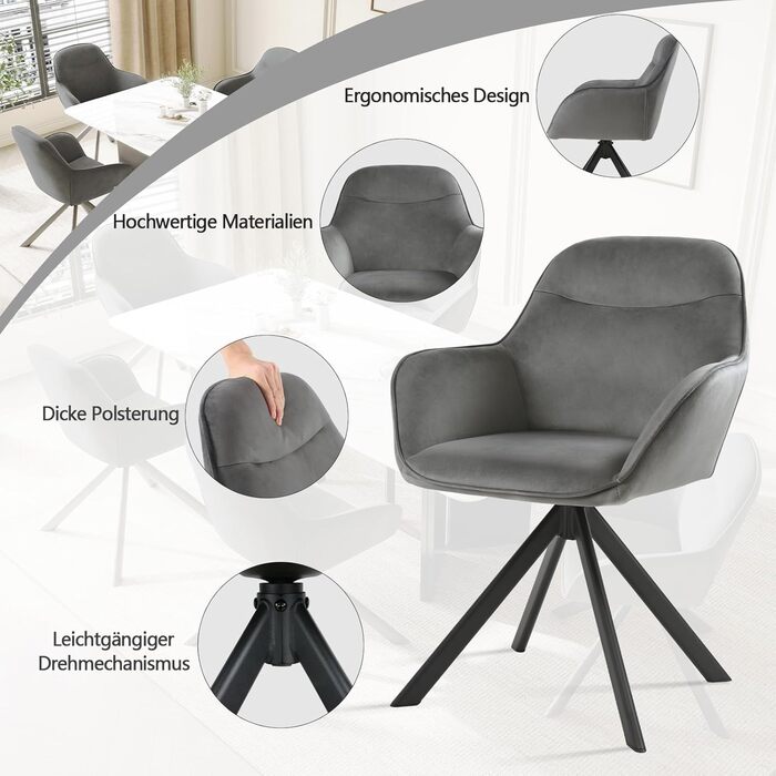 Набір з 6 обертових кухонних стільців з підлокітниками, м'який стілець з велюру, для вітальні та їдальні, темно-сірий