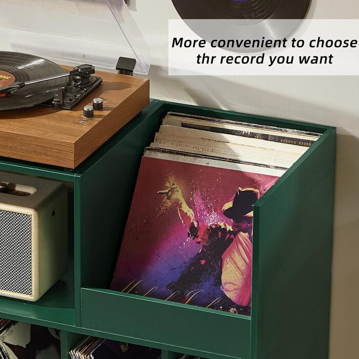 Підставка для платівок велика з місцем для зберігання, для програвачів, 300 альбомів, зелений колір, для музичної кімнати та вітальні