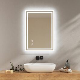 Дзеркало для ванної кімнати EMKE з підсвіткою 50x60 см, антизапар, холодне біле світло, диммування, сенсорне управління, функція пам'яті, автоматичне вимкнення на 3 години, IP44, енергозберігаюче (70x50 см)