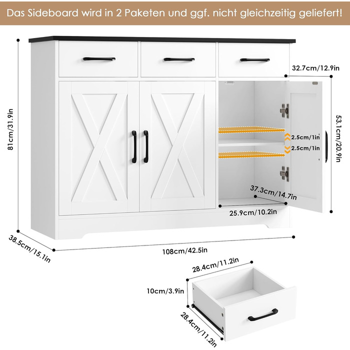 Сервант HOCSOK з 3 шухлядами та 3 дверцятами для кухні, буфет з робочою поверхнею, для вітальні, їдальні, з дерева, білий & коричневий (білий & чорний)