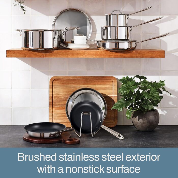 Сковорода All-Clad D5 25.4 см з антипригарним покриттям, з нержавіючої сталі, 5-шарова, для індукції, сумісна з духовкою, 500F, для приготування млинців та яєць, професійний посуд, срібна