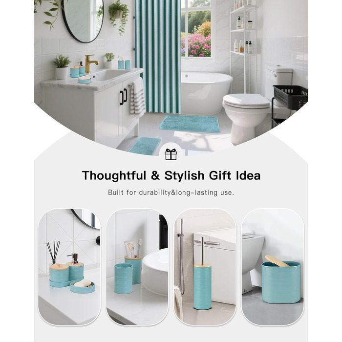 Набір аксесуарів для ванної кімнати IMAVO, 9 предметів: сміттєвий бак, дозатор мила, мильниця, тримач для зубних щіток, стакан для зубних щіток, тримач для унітазного йоржика, диспенсер для ватних паличок (Блакитний, 26 предметів + шторка для душу з факту
