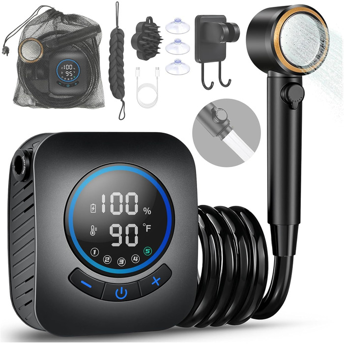 Електричний душ для кемпінгу MIAOKE 7800 mAh з цифровим дисплеєм та індикатором температури, портативний душ для подорожей, походу, кемпінгу - золотий