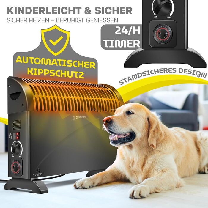 Конвектор KESSER 2000 Вт з таймером 24 год, захистом від замерзання, терморегулятором, турбонагрівом, 3 режими, ручки для перенесення, чорний