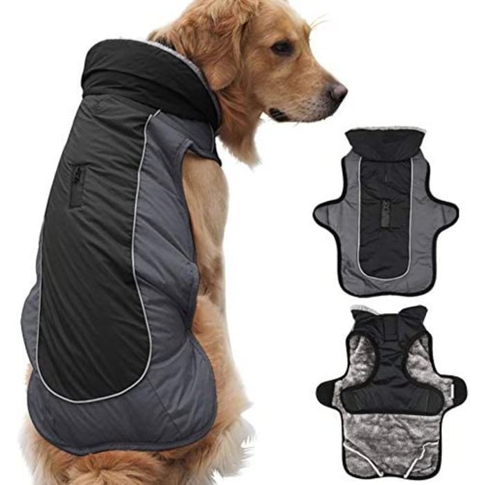 Тепла куртка Idepet для собак, водонепроникний зимовий костюм для домашніх тварин, світловідбиваючий вітрозахисний одяг для собак для маленьких собак середнього розміру, Червоний, Чорний, XXL, Чорний
