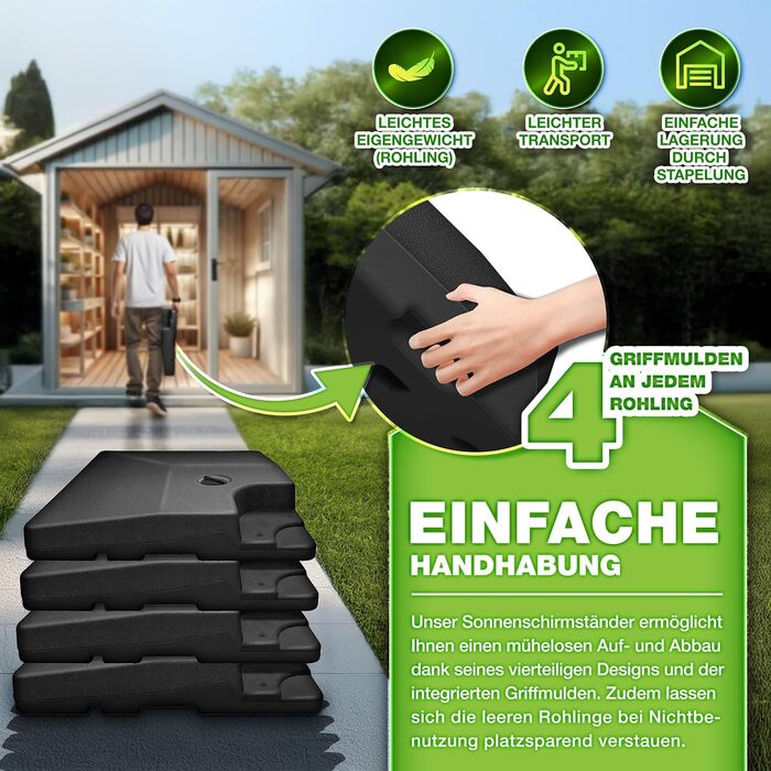 Підставка для парасольки Tillvex® 90 літрів / 120 кг – 4 частини для парасольки-намету з металевим з'єднувачем | Заповнюється водою або піском | Чорна, стійка до погодних умов