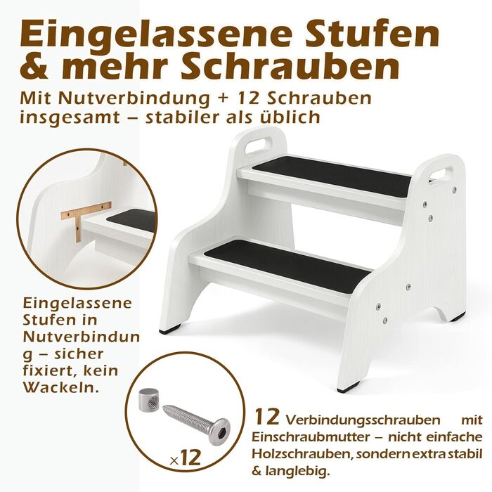 Дерев'яний дитячий стільчик Tritthocker з 2 сходинками, неслизький, для ванної та кухні, скандинавський дизайн, колір: натуральний (білий)