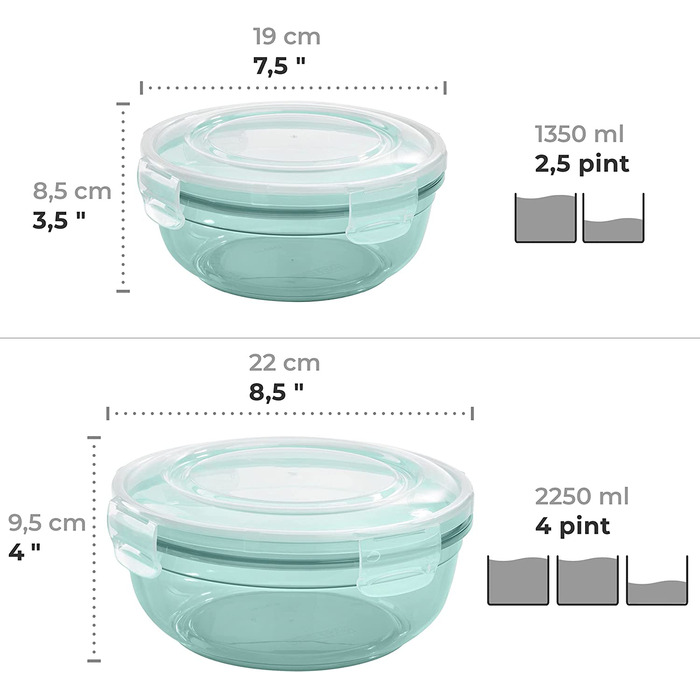 Набір банок для зберігання Грізлі з 4 предметів (0,4 л, 0,8 л, 1,4 л, 2,3 л), круглі, пластикові, 100 повітро-/водонепроникні, попередньо безпечні для використання в мікрохвильовій печі