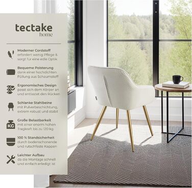 Тектейк® Крісло-стілець з підлокітниками, м'яке, обтягнуте тканиною Cord, для вітальні, їдальні, кухні, офісу - (1 шт., кремовий/золотий)