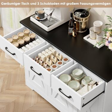 Сервант HOCSOK з 3 шухлядами та 3 дверцятами для кухні, буфет з робочою поверхнею, для вітальні, їдальні, з дерева, білий & коричневий (білий & чорний)