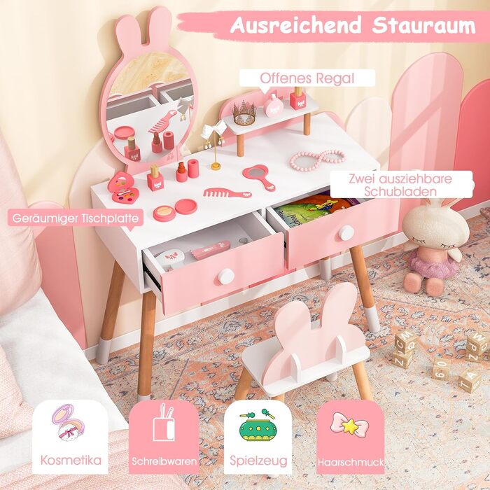 Дитячий туалетний столик COSTWAY з дизайном зайчика, 2-в-1 з дзеркалом, 2 шухляди та полиця, комплект для макіяжу з масивними дерев'яними ніжками для дівчаток (Рожевий)