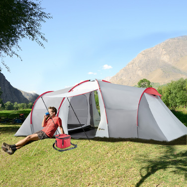 Outsunny Camping Tent, Тунельний намет на 6 осіб з 2 спальнями, вітальня, тамбур, вітрозахисний сімейний намет UV50+ з сумкою для перенесення, 2000 мм водовідштовхувальний засіб для кемпінгу, саду, сірий | Аосом