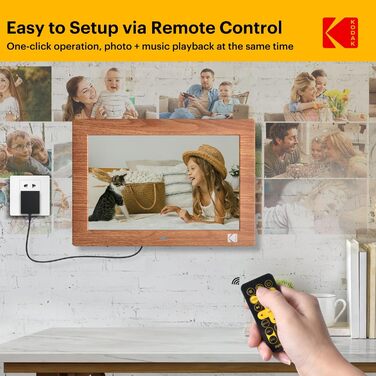 Цифровий фотоальбом KODAK 10 дюймів з пультом, без Wi-Fi, IPS-дисплей 1280x800, відтворення фото/відео/музики, USB/SD, дерев'яний корпус