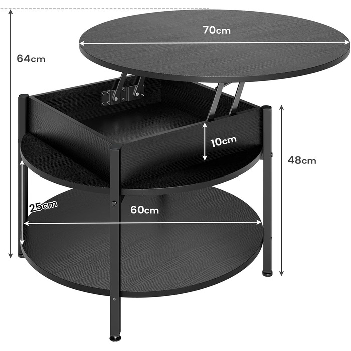 Регульований по висоті круглий журнальний столик з місцем для зберігання, дерево, відкрите відділення, для вітальні/офісу, чорний